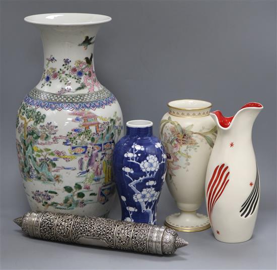 A modern Chinese vase, a similar blue and white vase, two other vases and a scroll box tallest vase 40cm